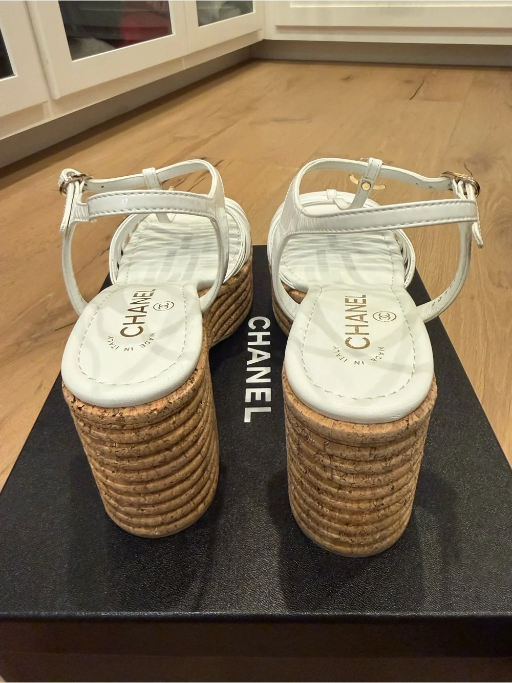 BNIB Chanel White Patent and Cork Platform Sandals with Gold CC - Size 40
